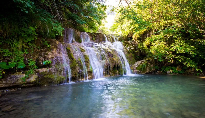 Cascata con acqua limpida e vegetazione lussureggiante